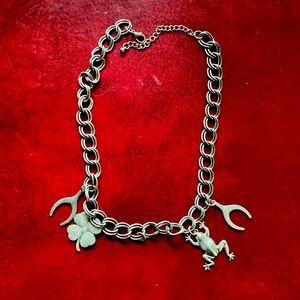 Silver Pewter Necklace + Charms Four Leaf Clover Leaping Frog Wishbone 20” Chain